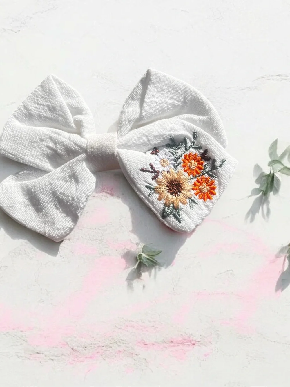 Handmade Linen Sunflower Floral Embroidered Hair Bow Clip